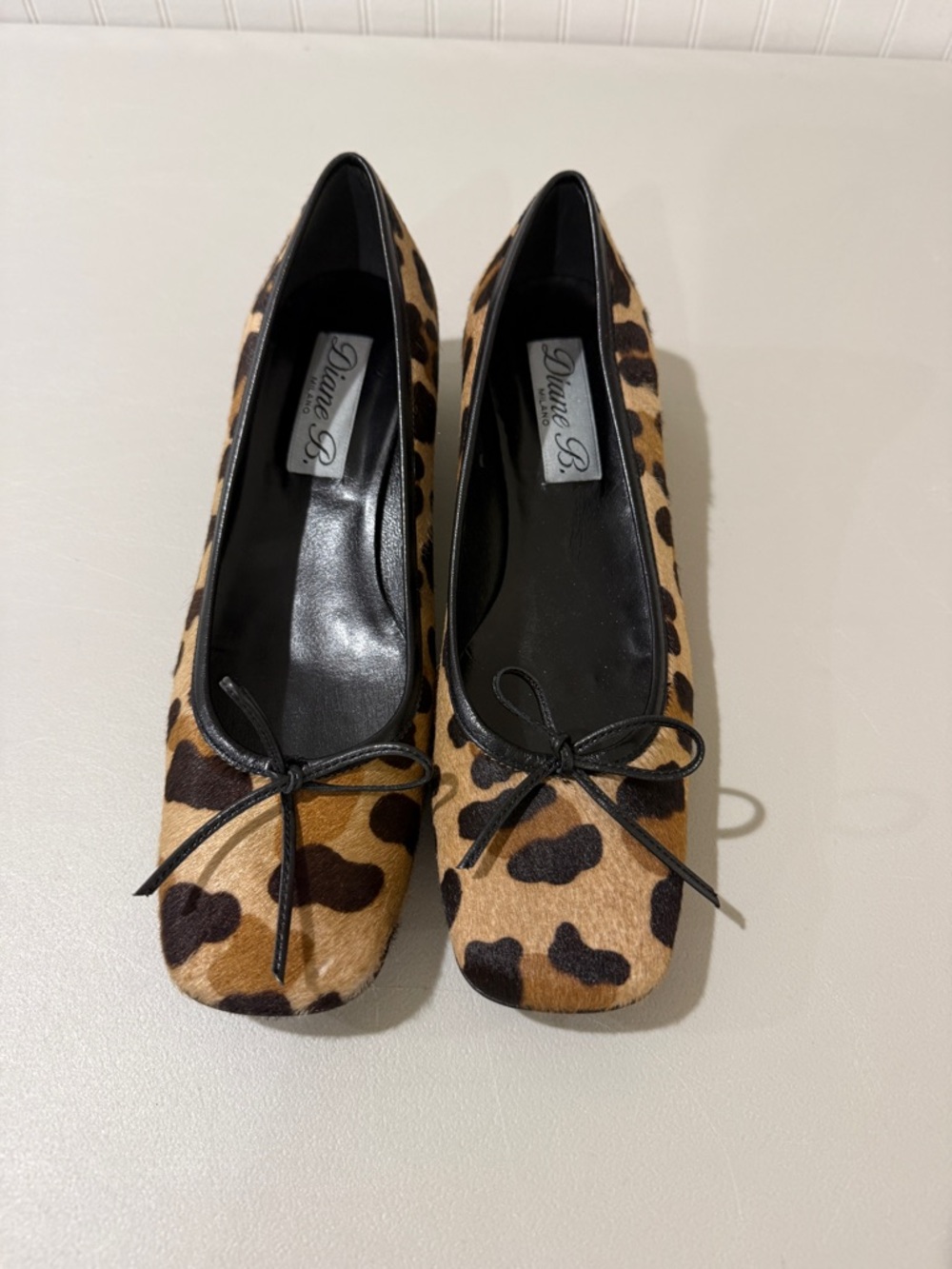Vintage Ponyhair Leopard Print Ballet Flats with Bow - Black/ Brown